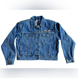 VTG Lady Rider Harley Davidson Cycles Moto Denim Jean Jacket Lined Wings Patches
